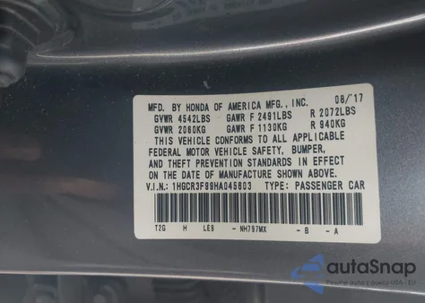 2017 Honda Accord Touring V6 from USA, damaged, VIN 1HGCR3F99HA045603